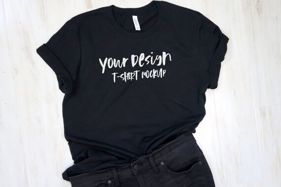Download Free T-Shirt Black Mockup Flat Lay Black Jeans Bella (PSD ...