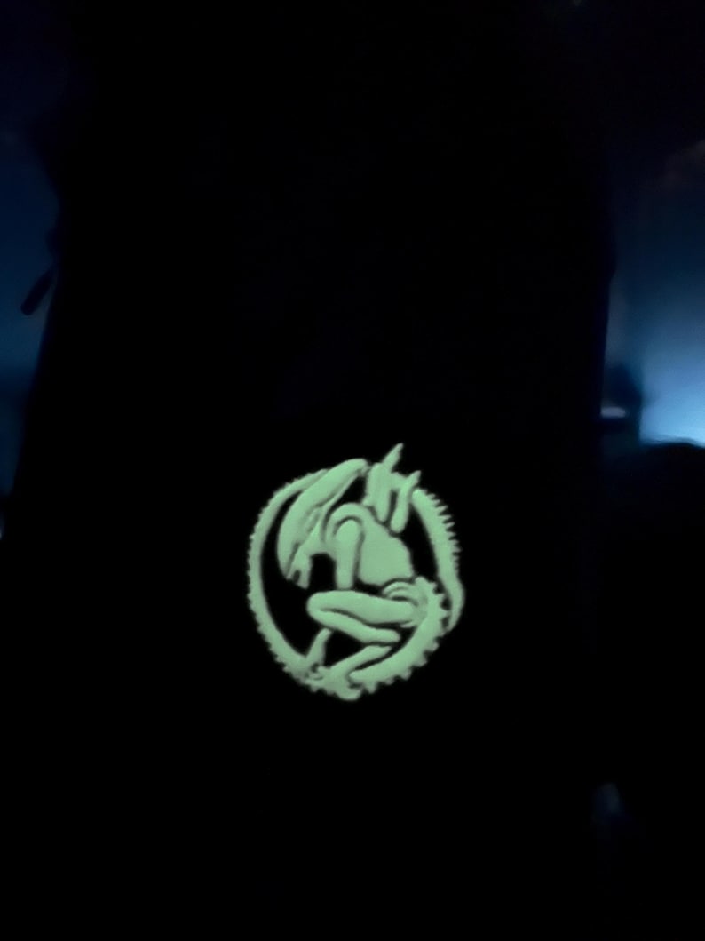 Op de afbeelding: Zwart kledingstuk met een gloeiend groen Alien-embleem. Het embleem toont het wezen in een cirkelvormig ontwerp met een gedetailleerde, getextureerde omtrek. De afbeelding staat tegen een donkere achtergrond, wat de lichtgevende kwaliteit van het ontwerp benadrukt.