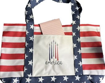 Patriotic America Canvas Boater Flag Tote Bag - 13.25" - Custom Embroidered