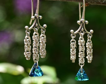 sterling silver earrings, micro byzantine chain, Swarovski, scallop ear wire, chandelier,Bermuda Blue