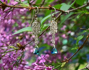 sterling silver earrings, micro byzantine chain,Bermuda Blue Triangle,  Swarovski, chandelier, Unique, Elegant