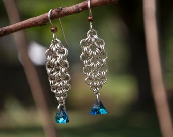 Handcrafted,sterling silver earrings, chain maille, Swarovski,elegant,unique
