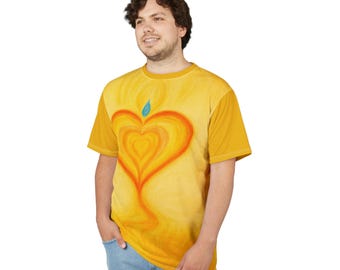 Radiant Layered Heart with Blue Flame Tee | All-Over Yellow Spiritual Shirt