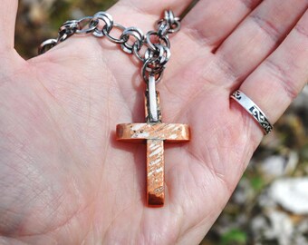 Copper Cross Pendant: Rustic Sterling Silver Bale, Stainless Steel Chain