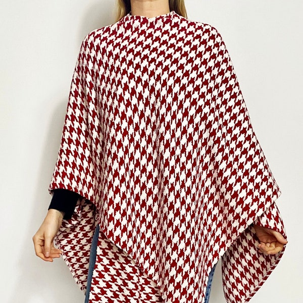 Red and White Wool Houndstooth Cape