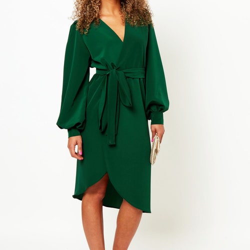 Emerald Green Silk Long Sleeve Midi Wrap Dress Bridesmaid - Etsy