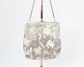 Silver and Cream Multi Beaded 40s Purse // Beaded Bag