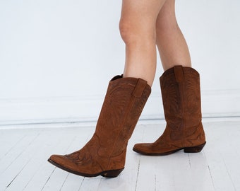 Chestnut Brown Eagle Print Genuine Leather Cowboy Boots // Made in Spain // Soft Suede // Size 7.5 // Size 8