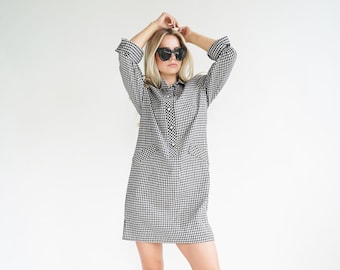 Vintage Black and White Checked Tunic Dress / Size Small Medium