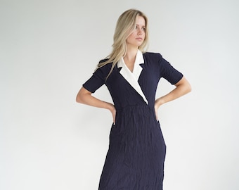 Vintage Navy and White Collared Marks & Spencer Knee Length Blue Dress Size Small