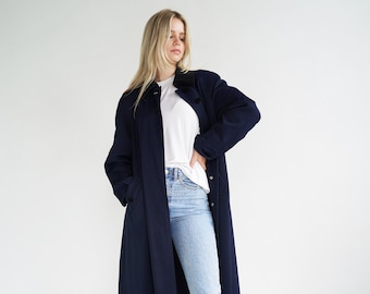 Gorgeous Soft Dark Blue Trench Coat with Black Velvet Detailing  / Vintage Dress Coat / Size Small / Medium