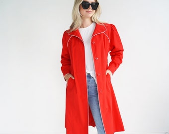 Vintage A-Line Midi Length Cherry Red Trench Coat with White Piping Size Small Medium
