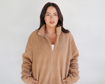 Cozy Oversized Teddy- Bear Vintage Light Brown Zip Up with Large Pockets Size Medium