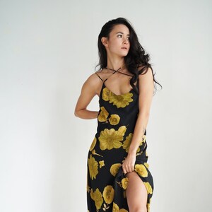 Gorgeous Soft Floor Length Low Back Black and Gold Floral 90s Spaghetti Strap Shift Dress Size Small image 1