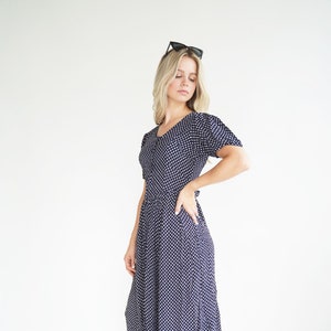 Midi Vintage Navy and White Polka Dot Flower Short Sleeve Button Up Dress Size Small/Medium image 1