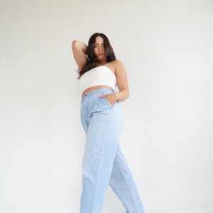 Perfect High-Waisted Wide-Leg Tapered 80s Light Wash Blue Denim Jeans with Pleats, Zipper Fly Size MEDIUM image 1