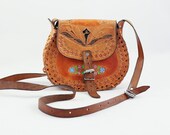 Hand Tooled Hand Painted Leather Crossbody Bag Vintage leather Purse 70s