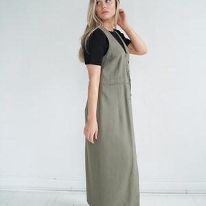 Long Sage Green Grey Green Vintage Duster, Chaleco largo, Button up plumero, talla mediana imagen 6