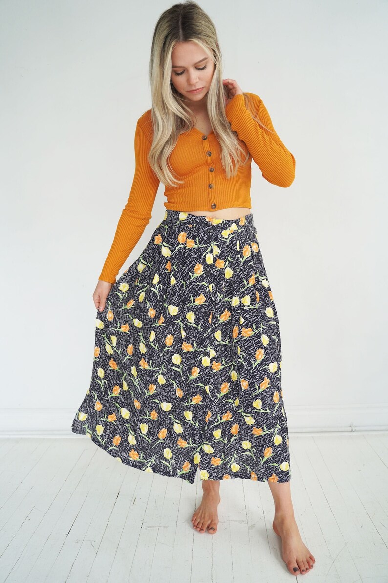 Vintage Black Floral and Polka Dot Maxi Skirt // S/M image 2