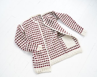 Hand Knit Cream and Burgundy Checked REVERSIBLE Mid Length Cardigan Sweater Size Small Medium