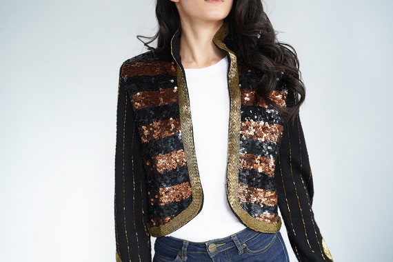 Rock and Roll Mod Funky Crop Sequin Mod Bomber Kn… - image 9