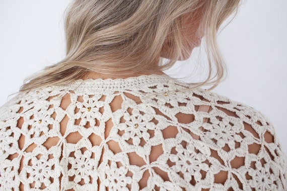 70's Crochet Vintage Top / Cream Knit // Boho Hip… - image 1