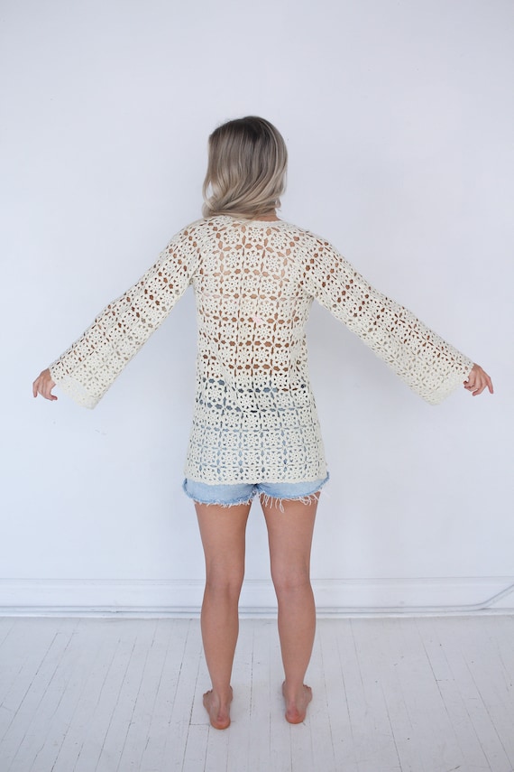 70's Crochet Vintage Top / Cream Knit // Boho Hip… - image 10