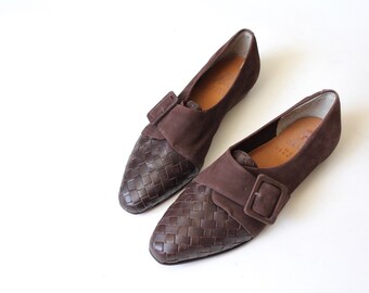 Vintage Nike Woven Leather Suede slip in Loafers // Buckled Loafers // Brown Vintage Loafers // Size 6 // Narrow