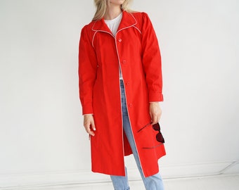 Vintage A-line Midi Length Cherry Red Trench Coat With White Vintage A-line Midi Length Cherry Red Trench Coat With White