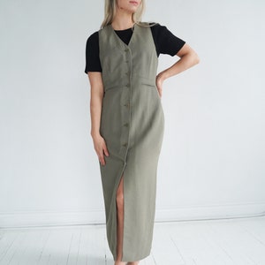 Long Sage Green Grey Green Vintage Duster, Chaleco largo, Button up plumero, talla mediana imagen 4