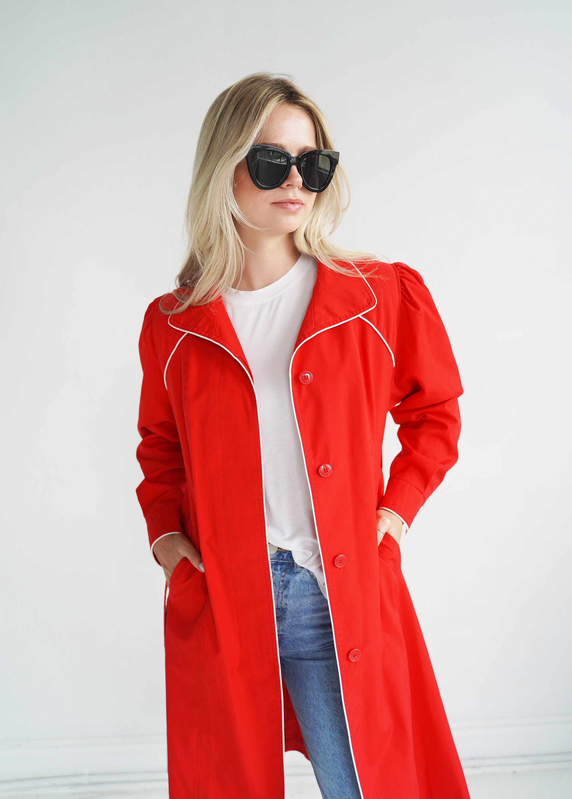 Vintage A-line Midi Length Cherry Red Trench Coat With White Vintage A-line Midi Length Cherry Red Trench Coat With White