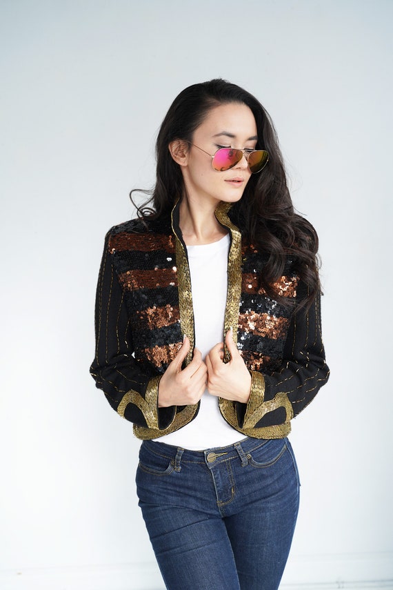 Rock and Roll Mod Funky Crop Sequin Mod Bomber Kn… - image 4