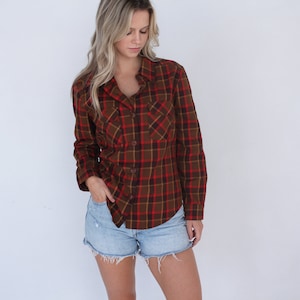 Chemise Plaid Flannel rouge et brune des années 70 // chemise à carreaux à manches longues vintage // Taille petite / taille moyenne