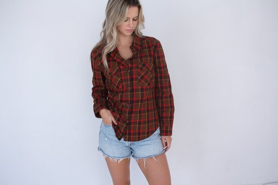Red and Brown 70s Plaid Flannel Shirt 