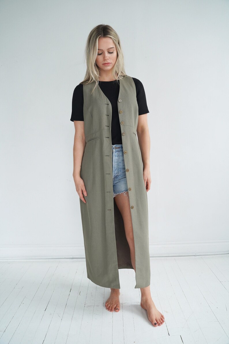 Long Sage Green Grey Green Vintage Duster, Chaleco largo, Button up plumero, talla mediana imagen 2