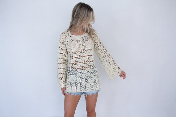 70's Crochet Vintage Top / Cream Knit // Boho Hip… - image 7