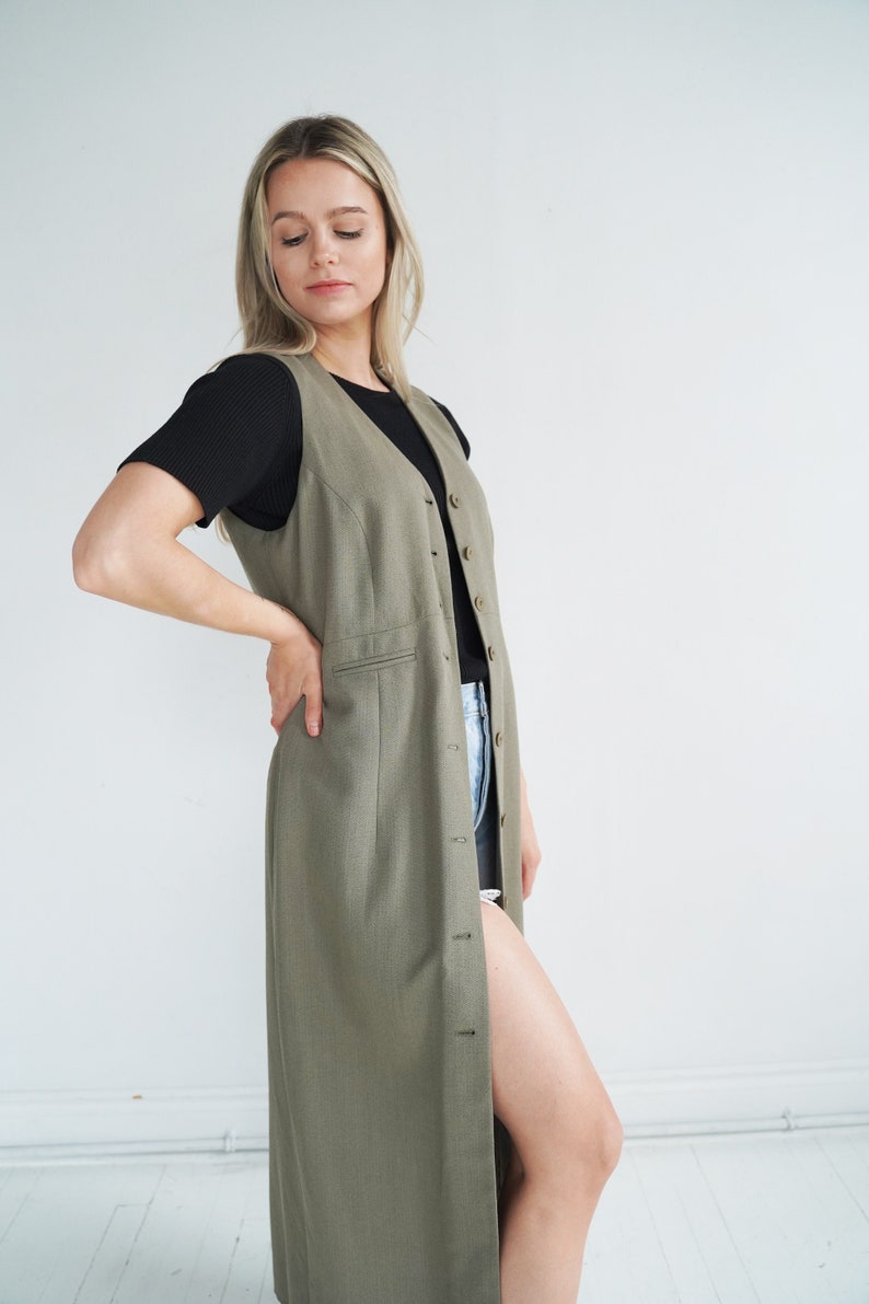 Long Sage Green Grey Green Vintage Duster, Chaleco largo, Button up plumero, talla mediana imagen 1