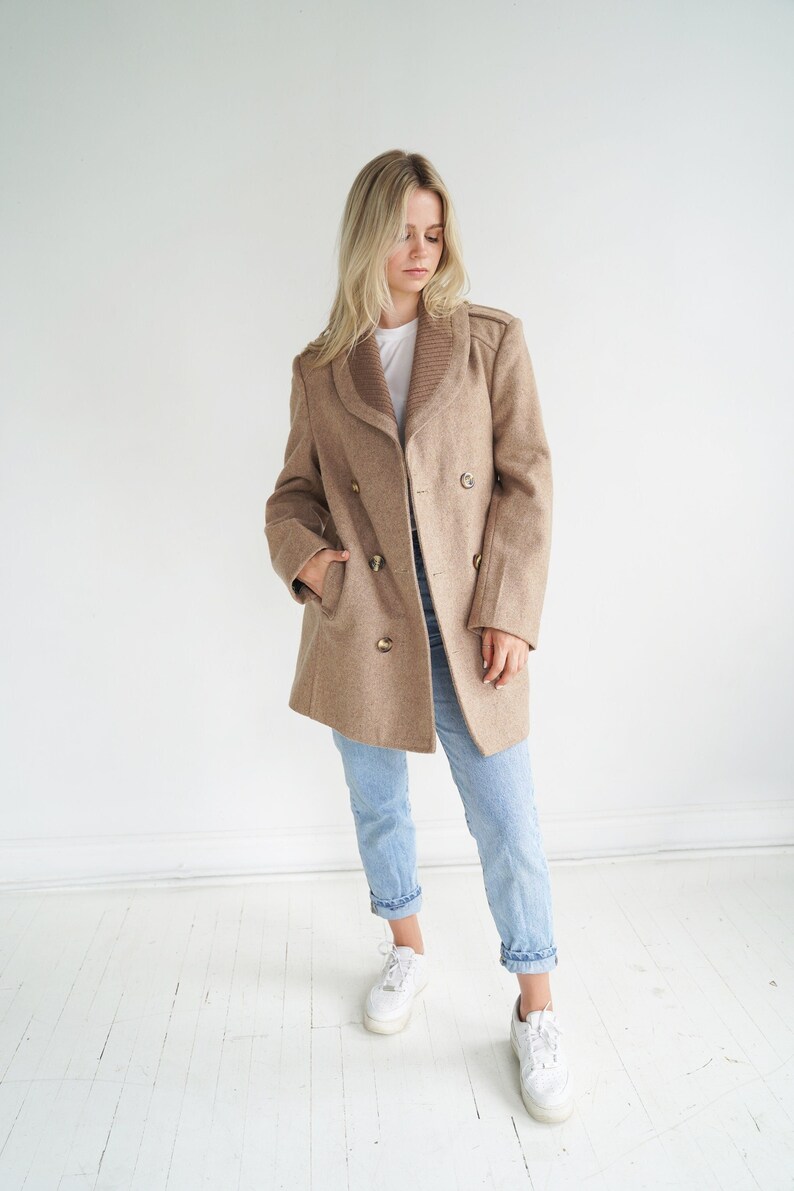 Perfect Vintage Beige Double Breasted Wool Coat / Fall Jacket / 70s / Size Small / Medium image 2