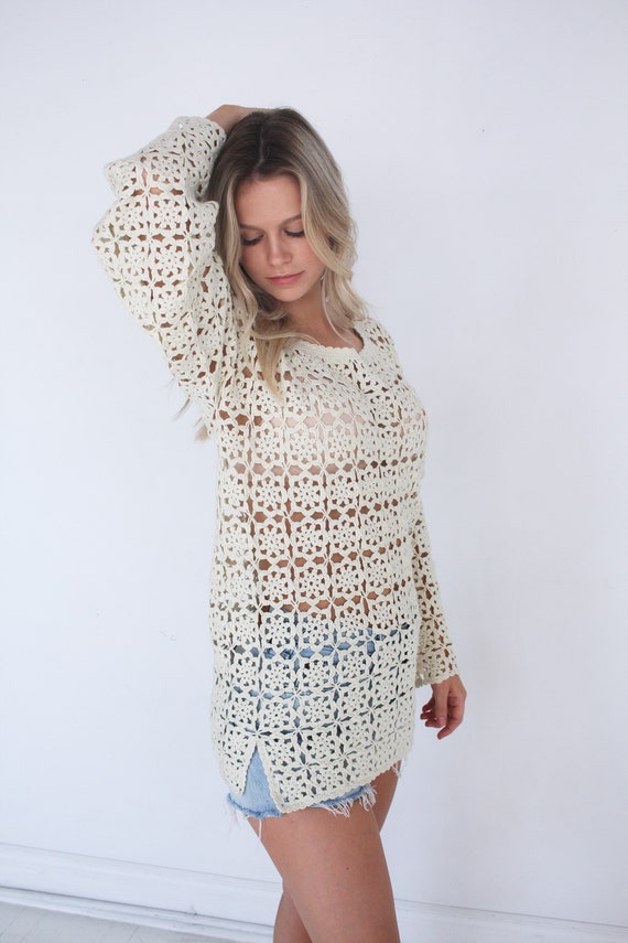 70's Crochet Vintage Top / Cream Knit // Boho Hip… - image 6