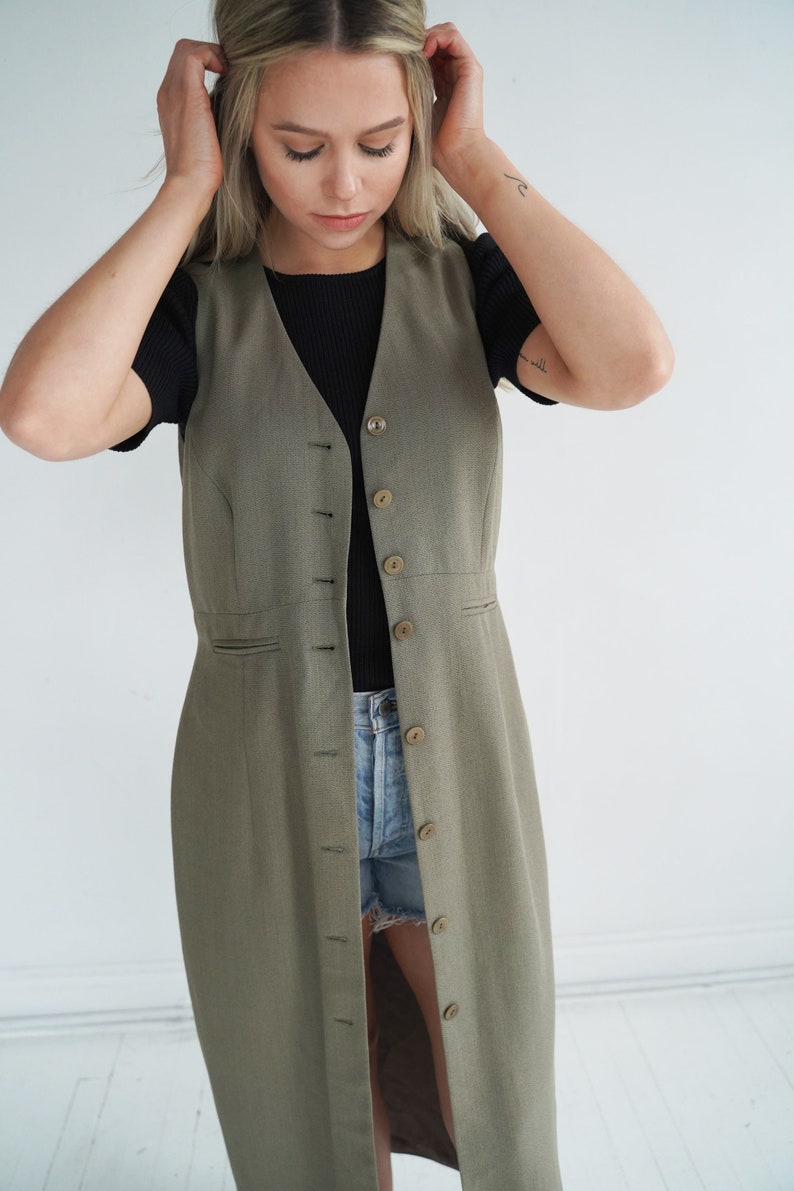 Long Sage Green Grey Green Vintage Duster, Chaleco largo, Button up plumero, talla mediana imagen 3