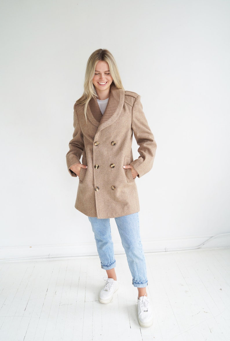 Perfect Vintage Beige Double Breasted Wool Coat / Fall Jacket / 70s / Size Small / Medium image 1