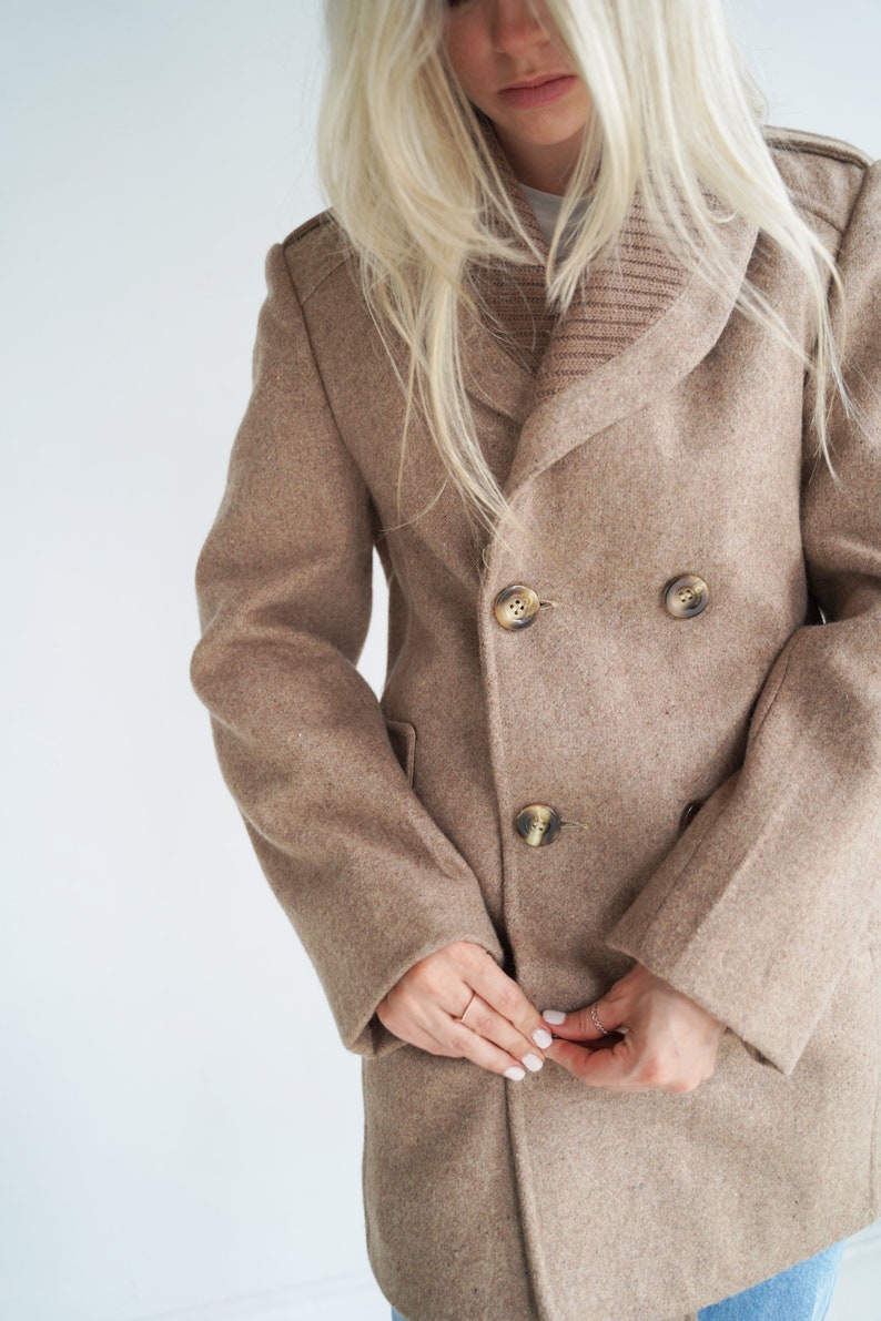 Perfect Vintage Beige Double Breasted Wool Coat / Fall Jacket / 70s / Size Small / Medium image 9