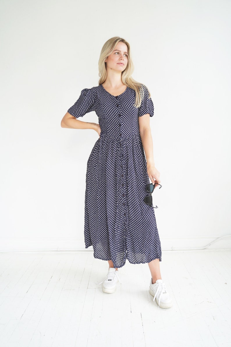 Midi Vintage Navy and White Polka Dot Flower Short Sleeve Button Up Dress Size Small/Medium image 4