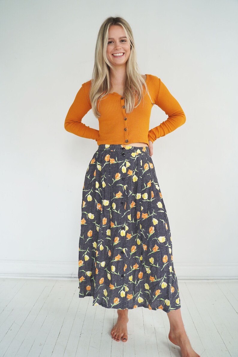 Vintage Black Floral and Polka Dot Maxi Skirt // S/M image 1