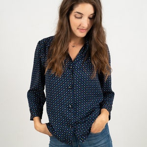 Blue polka dot shirt womens deals