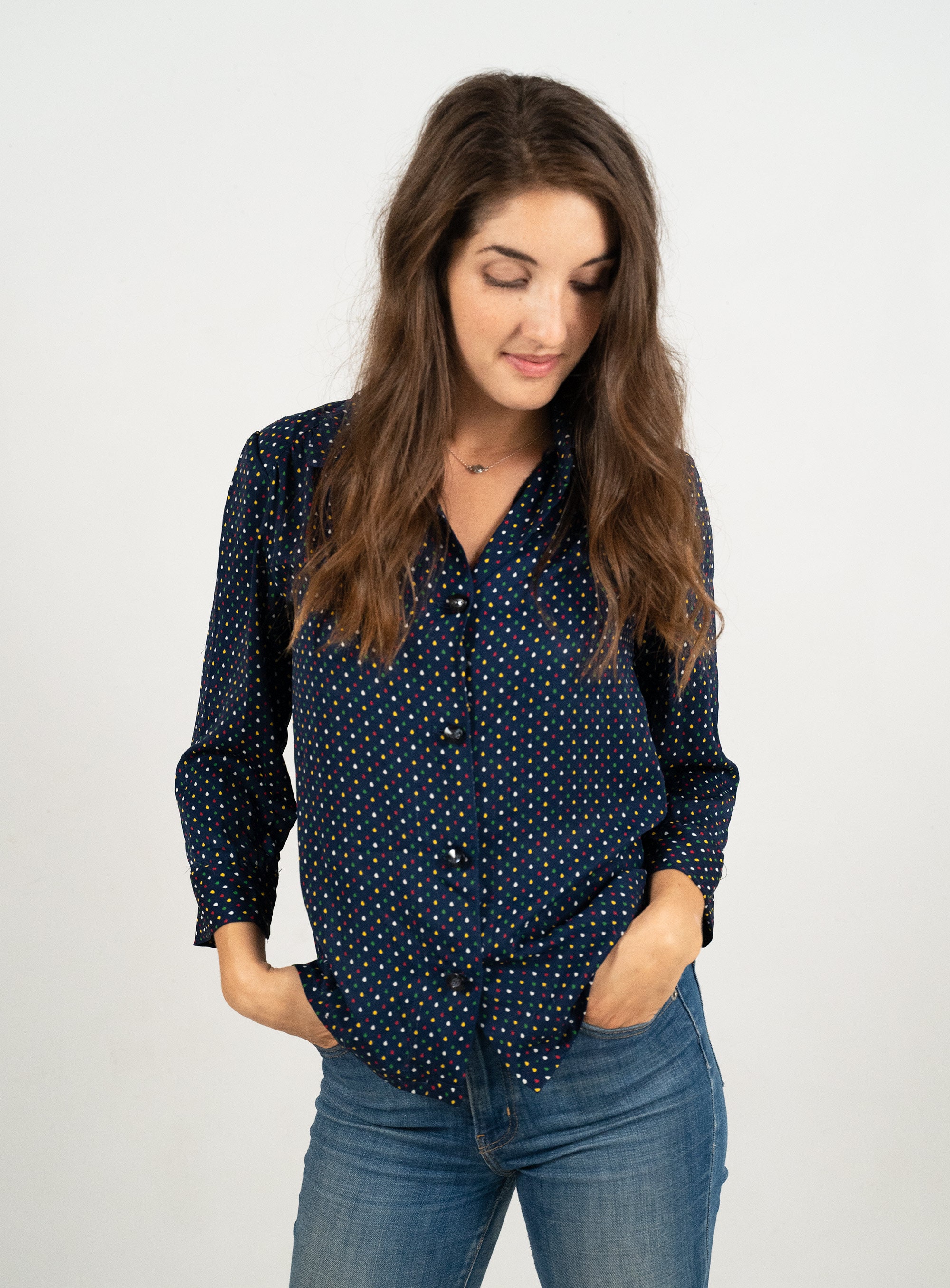 Navy blue polka dot shirt womens hotsell