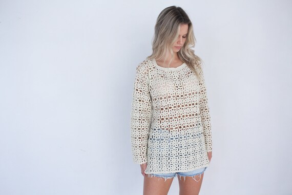 70's Crochet Vintage Top / Cream Knit // Boho Hip… - image 2