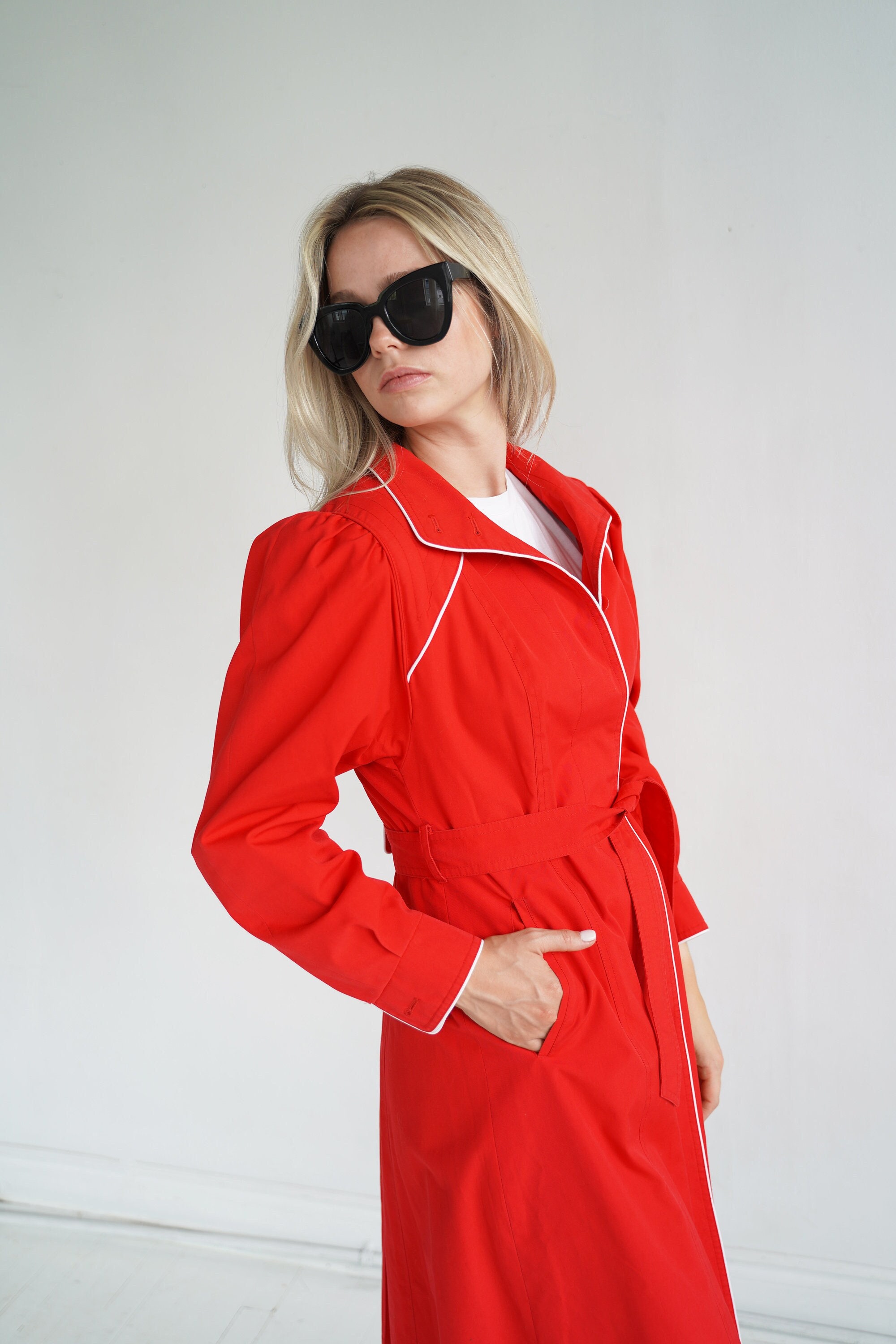 Vintage A-line Midi Length Cherry Red Trench Coat With White