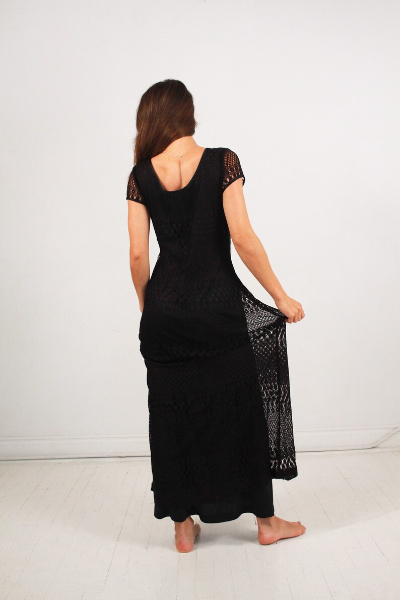 Boho Black Crochet Dress // Vintage Dress // Eyelet dress // Full Length // Short Sleeved Dress // Hippie Dress // Country Glam //Size Small image 8