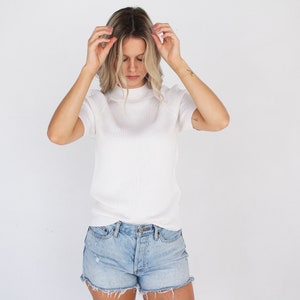 Vintage 90s White Mock Neck Top // Blueberry Hill // Short Sleeved Ribbed Shirt // Size Small // Size Small / Medium image 1